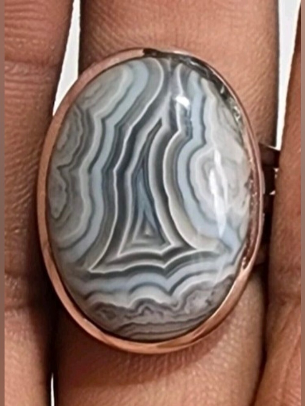 New 925 Sterling Silver Gray Blue Banded Agate Oval Statement Ring Size 9